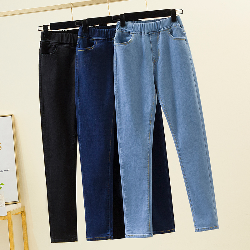 Plus size autumn and winter women's new jeans elastic waist fat mm show versatile straight pencil pants