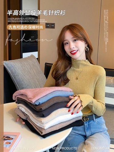 Half turtleneck sweater for women, autumn and winter thickened sweater, fungus top, new style, inner layering shirt
