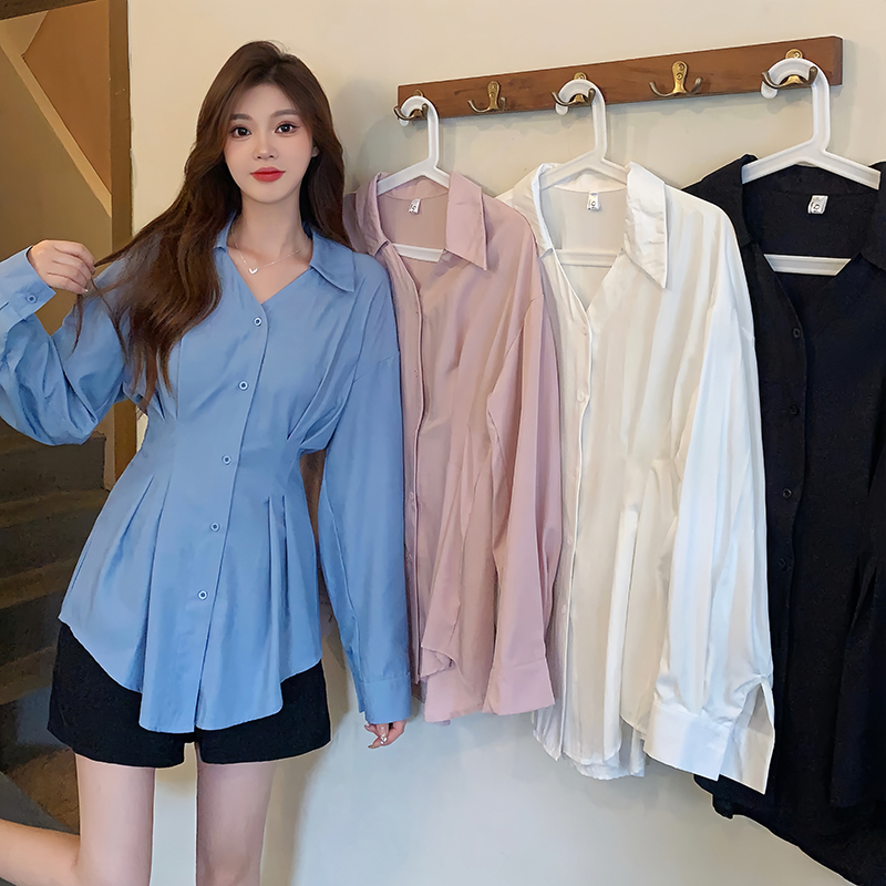 Plus size women's new sea salt oxygen lapel waist slimming design elegant style shirt