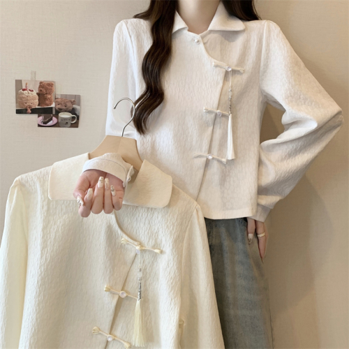 Large size 2024 new new Chinese style slim retro small fragrance stand collar top long-sleeved shirt