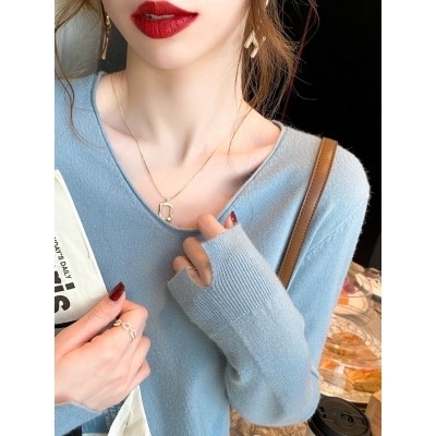 Bottoming shirt for women in spring and autumn, long-sleeved spring clothing, new style, thin style, popular online knitted v-neck top