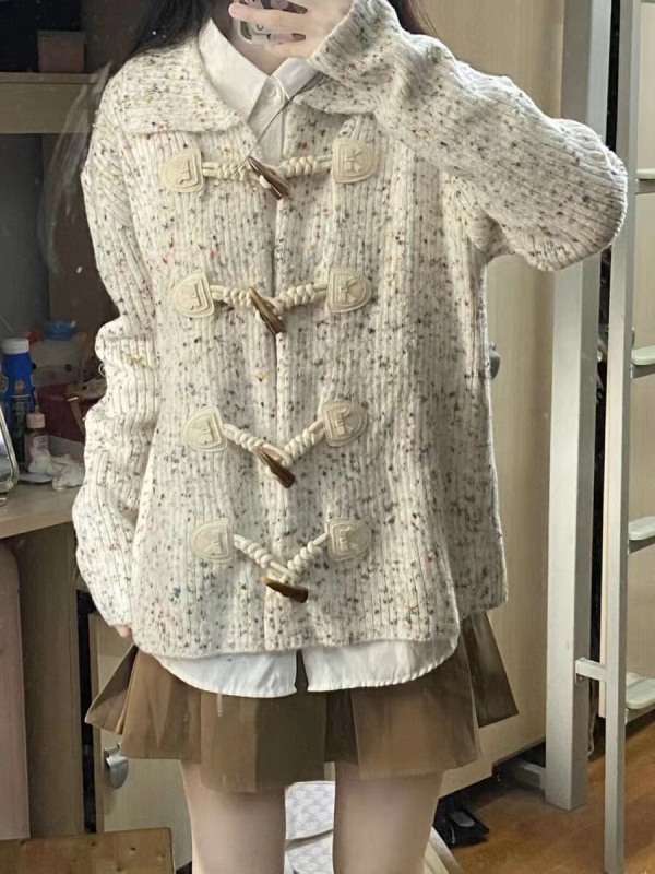 NEXTDAWN white polka dot horn button sweater POLO collar niche design knitted cardigan jacket for women trendy