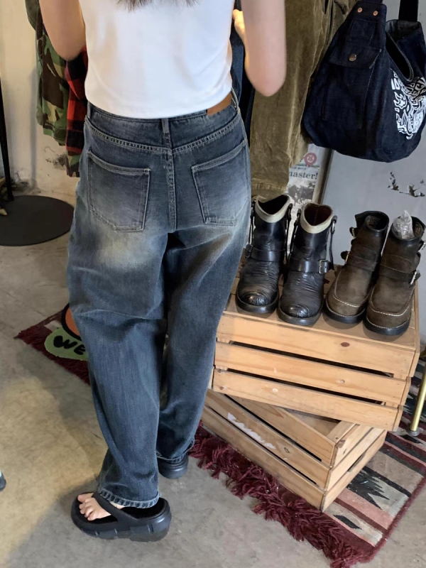 Hello Canon washed distressed straight jeans women's new high waist loose wide leg floor mopping pants summer