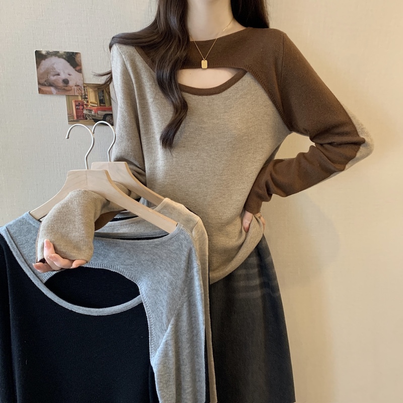 Autumn new plus size women's color-blocked hollow sweater women's long-sleeved bottoming slim right shoulder top