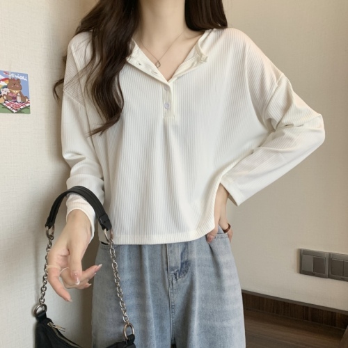 Large size Korean style pitted knitted long-sleeved T-shirt, chic women's early autumn bottoming shirt, short top