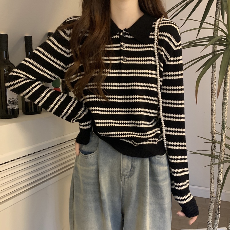 Autumn and winter plus size women's temperament striped polo collar sweater college style pullover long-sleeved sweater