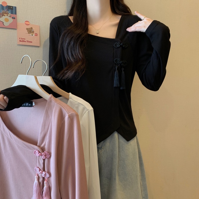 Plus size women's autumn fashionable V-neck long-sleeved t-shirt for women design retro Chinese button top for women