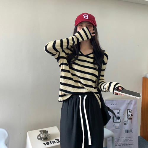 Large size V-neck striped sweater women's early autumn bottoming shirt design niche long-sleeved top