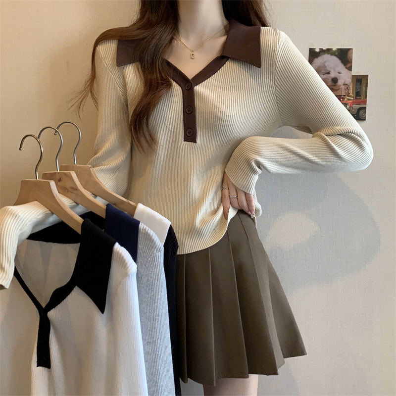 Women's new style of right-shoulder polo-neck sweater, color-blocked inner layering shirt, slim-fitting lapel top