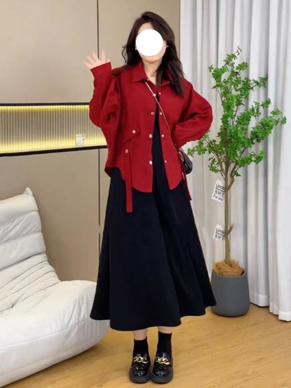Plus size fat mm women's small fragrance suit autumn long-sleeved coat slim versatile vest dress two-piece set for women