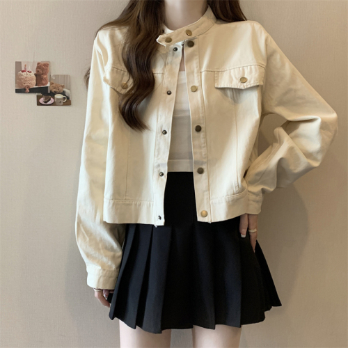 Large size stand collar brown coat women's short style small autumn new retro jacket brown