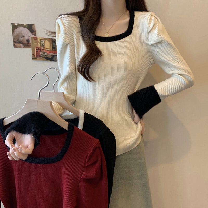 New winter square neck color-blocked trumpet puff sleeve sweater for women with mink velvet warm knitted bottoming shirt top