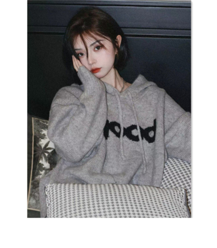 Lazy style jacket spring and autumn new trendy ins Korean American retro loose gray hooded sweatshirt for women