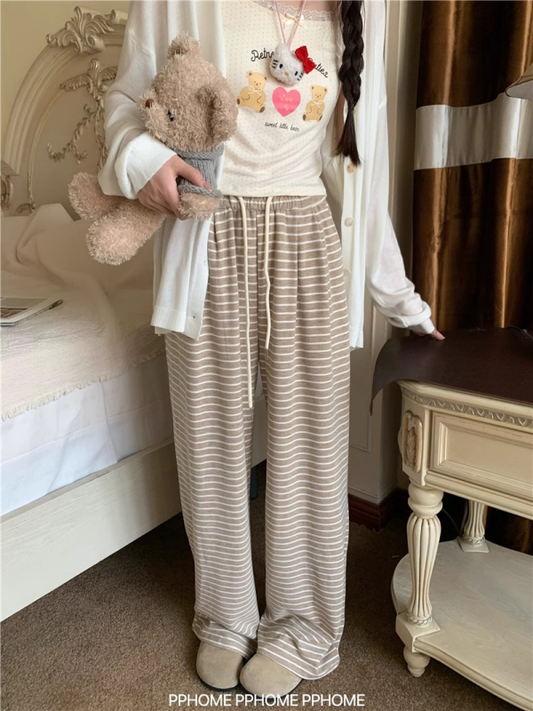 Retro lazy striped knitted glutinous rice pants for women in autumn high-waisted loose slimming casual straight-leg floor mopping pants