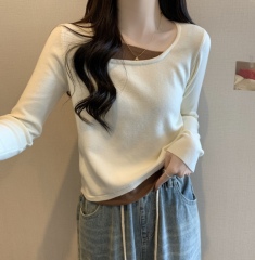 Long-sleeved T-shirt for women, stitched fake two-piece short square collar, unique and chic small top, slim-fitting bottoming shirt for women, trendy