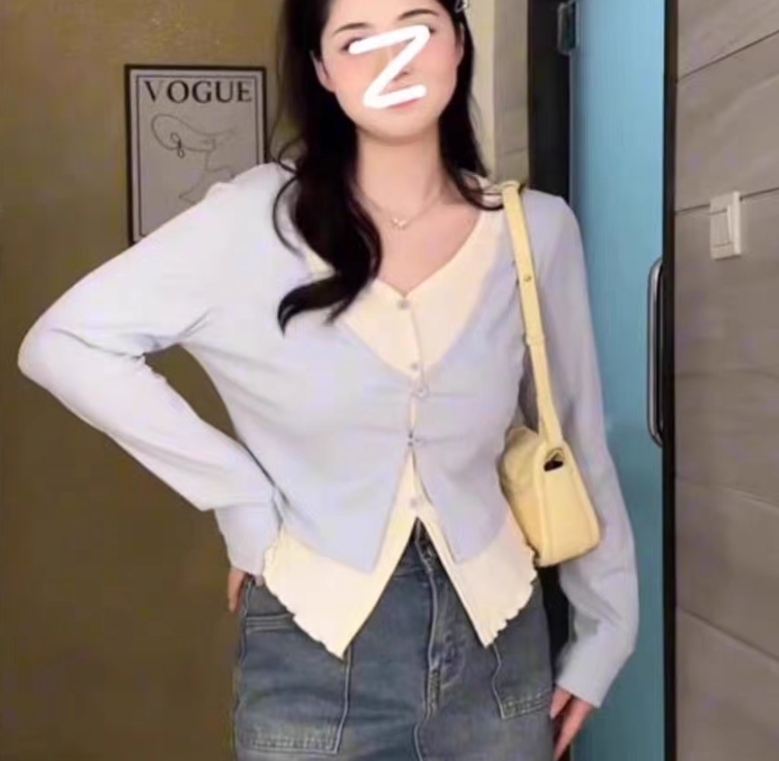 Fake two-piece temperament knitted cardigan women's autumn clothing new design niche French style pure lust style large size slim fit top