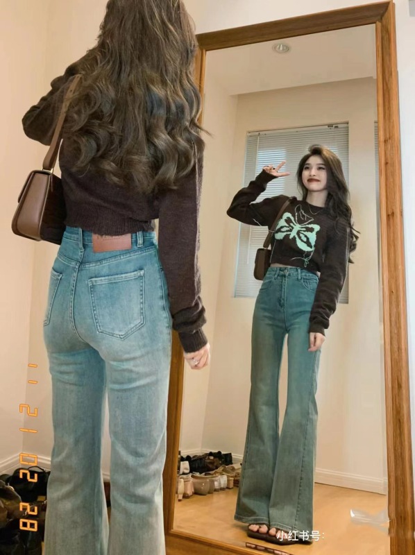 Autumn and winter American retro casual sweater butterfly embroidered long-sleeved round neck sweater short top for women
