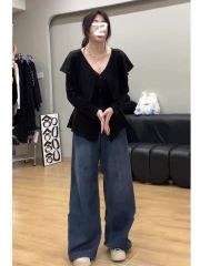 Large size French style high-end chic T-shirt for women with slightly fat waist in autumn and large lapel long-sleeved tops for women