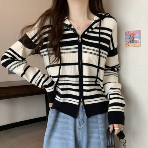 Large size hooded drawstring double zipper sweater jacket autumn design loose striped top women's fashion