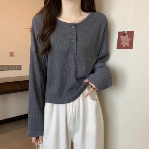 Large size Korean style pitted knitted long-sleeved T-shirt, chic women's early autumn bottoming shirt, short top