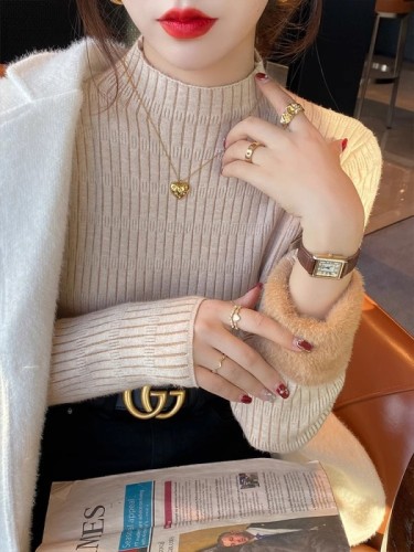 One-piece velvet plus velvet thickened high-end half-turtleneck sweater for women autumn and winter new bottoming shirt with inner top