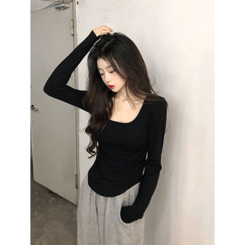 White square collar high-end slim fit T-shirt plus size women's autumn and winter new style top