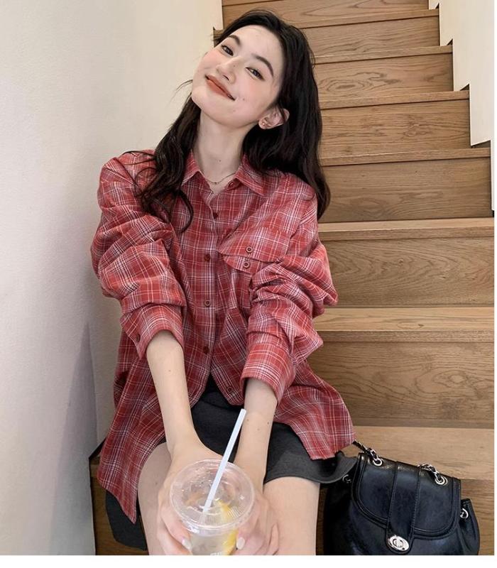 Retro plaid lapel long-sleeved shirt for women new design loose lazy shirt autumn