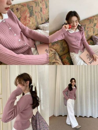 Hello Canon contrasting color polo collar pit striped sweater for women autumn and winter new slim fit short top