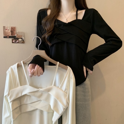 Large size square collar long-sleeved right shoulder T-shirt women's new autumn design slimming and flesh-covering top