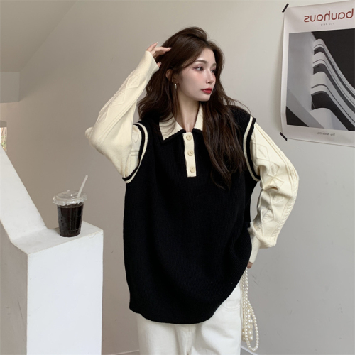 Large size polo collar fake two-piece long-sleeved sweater autumn and winter design niche patchwork sweater women's top