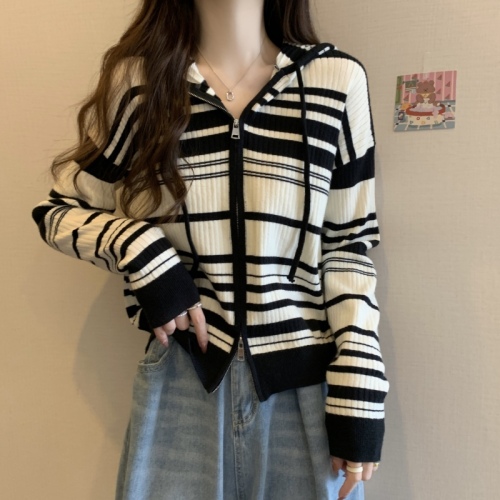 Large size hooded drawstring double zipper sweater jacket autumn design loose striped top women's fashion