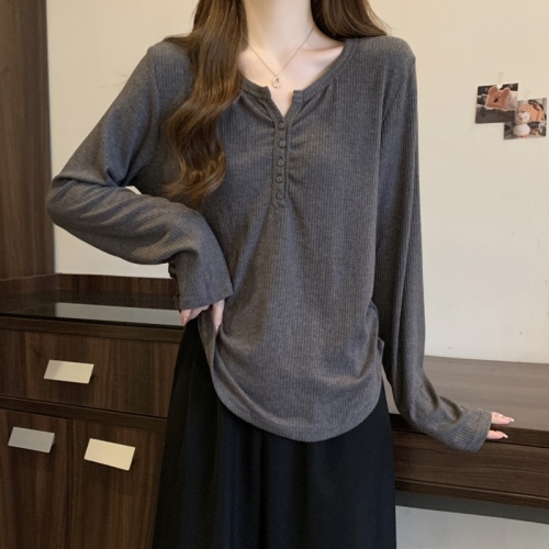 Large size design V-neck long-sleeved T-shirt women's autumn new slim fit belly-covering short chic top