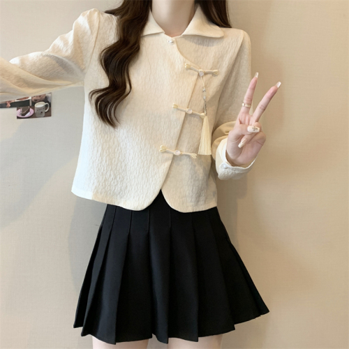 Large size 2024 new new Chinese style slim retro small fragrance stand collar top long-sleeved shirt