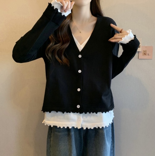 Large size chubby mm design fungus hem stitching knitted cardigan autumn and winter slimming fake two-piece top for women