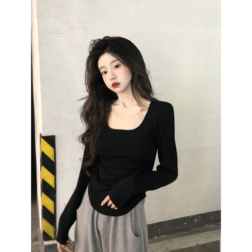 White square collar high-end slim fit T-shirt plus size women's autumn and winter new style top