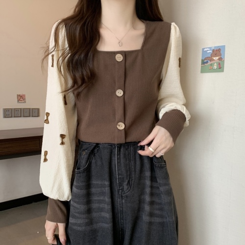 Large size French square collar retro long-sleeved shirt autumn top splicing design short slimming top