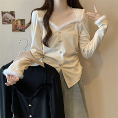 Plus size women's temperament square neck long-sleeved furry splicing brushed plus velvet bottoming shirt long-sleeved T-shirt