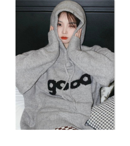 Lazy style jacket spring and autumn new trendy ins Korean American retro loose gray hooded sweatshirt for women