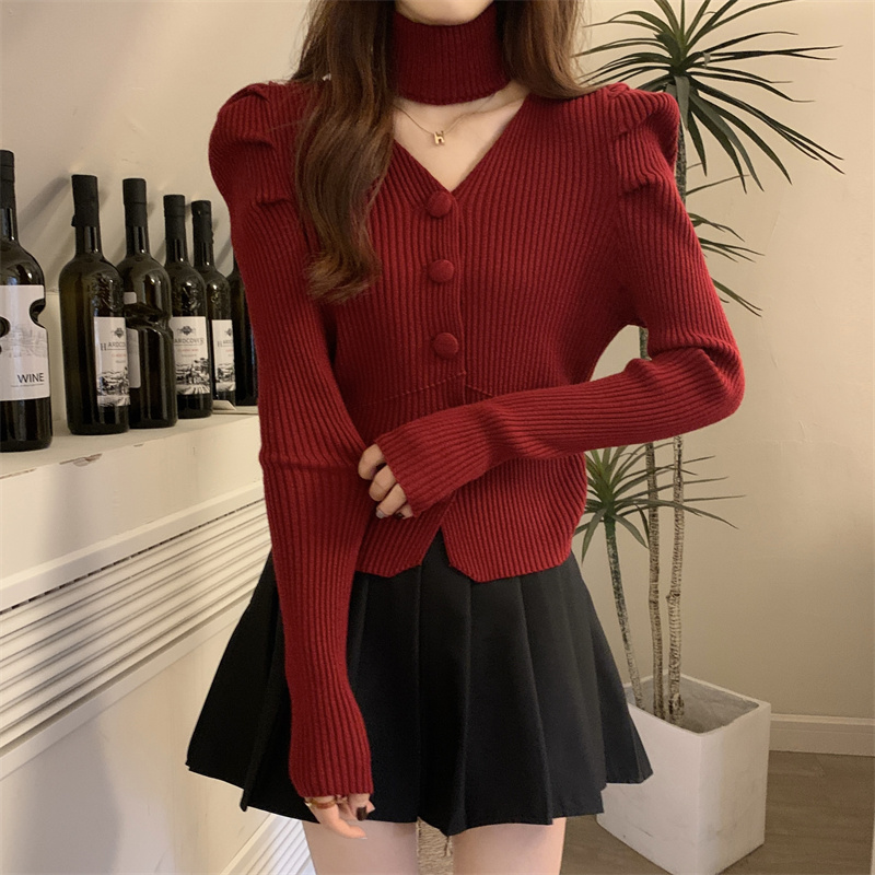 Women's plus size Christmas and New Year red Hong Kong flavor small sexy hollow half turtleneck bottoming thickened sweater