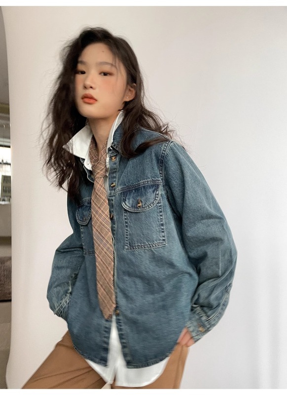 Hello Canon denim shirt women's autumn retro design loose long-sleeved chic shirt new style