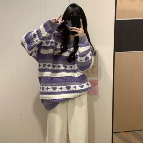 This year's popular purple striped sweater for women in autumn and winter is a hot new style with a bottoming lazy thickened top