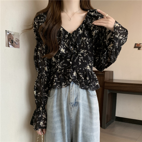 Large size retro design short chic top women's French floral V-neck puff long-sleeved shirt