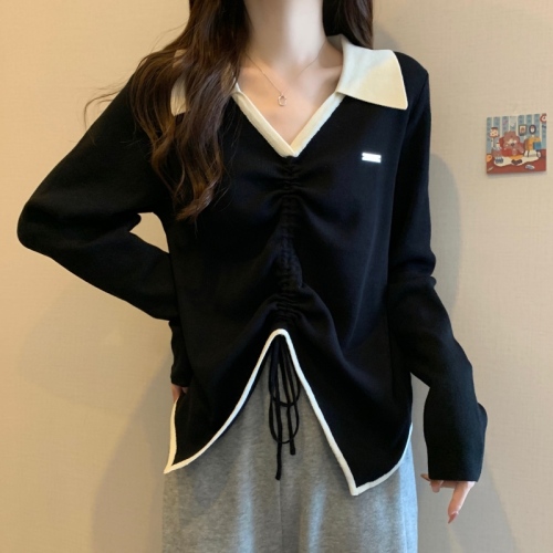 Women's large size polo collar sweater with drawstring design, slimming and contrasting color long-sleeved knitted top