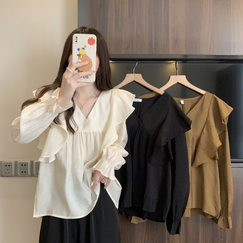 Plus size women's early autumn new style V-neck loose lotus bell sleeves cover the flesh and look slim babydoll top