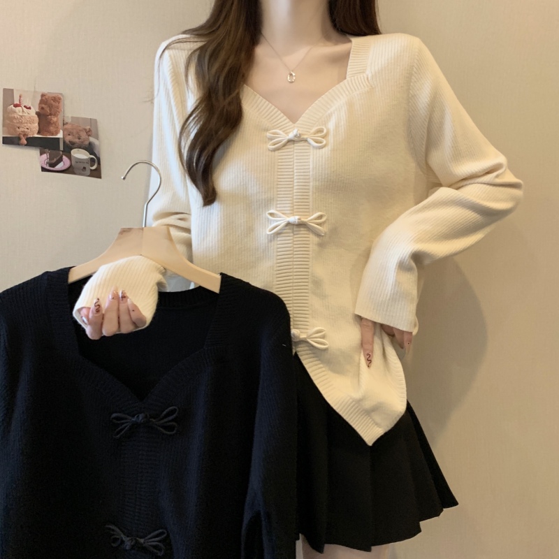Fat MM large size new square collar new Chinese style buckle retro slit sweater slimming sweater
