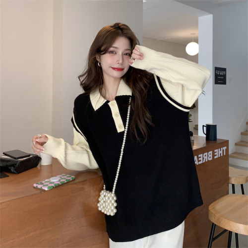 Large size polo collar fake two-piece long-sleeved sweater autumn and winter design niche patchwork sweater women's top