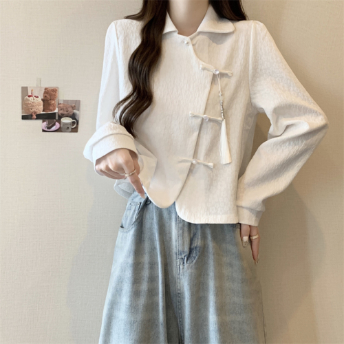 Large size 2024 new new Chinese style slim retro small fragrance stand collar top long-sleeved shirt