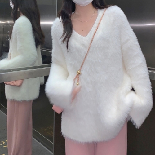 French soft waxy mink sweater for women in autumn and winter, gentle and lazy style, loose pullover sweater top, trendy outer wear