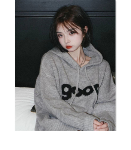 Lazy style jacket spring and autumn new trendy ins Korean American retro loose gray hooded sweatshirt for women