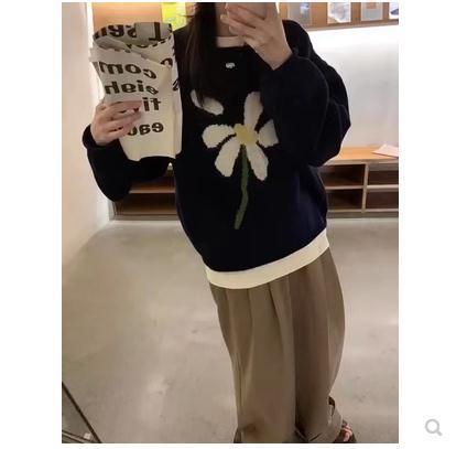 Lazy style ins Korean style early autumn loose floral knitted sweater super nice pullover sweater design for women